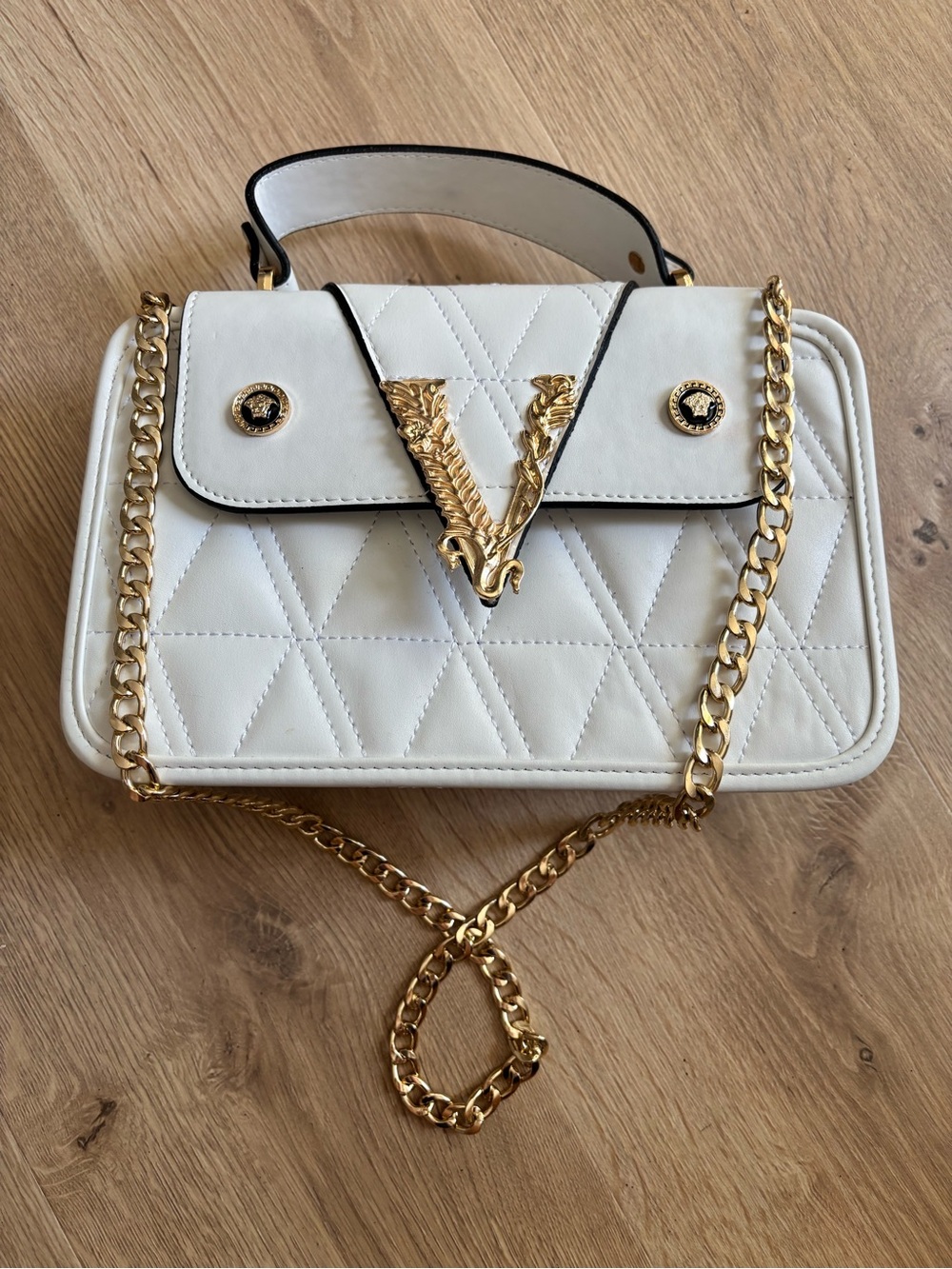 White Quilted Shoulder Bag with Gold Chain